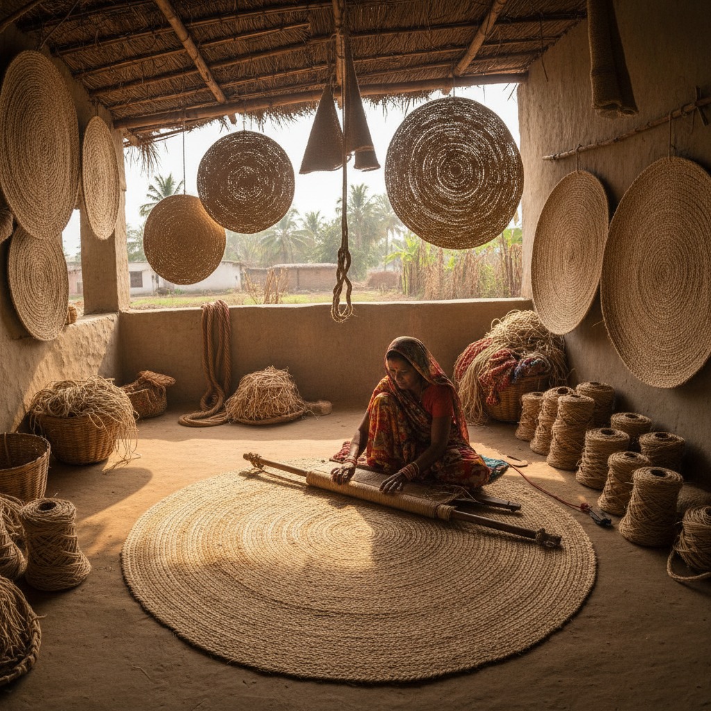 artisan in india working on making jute rug