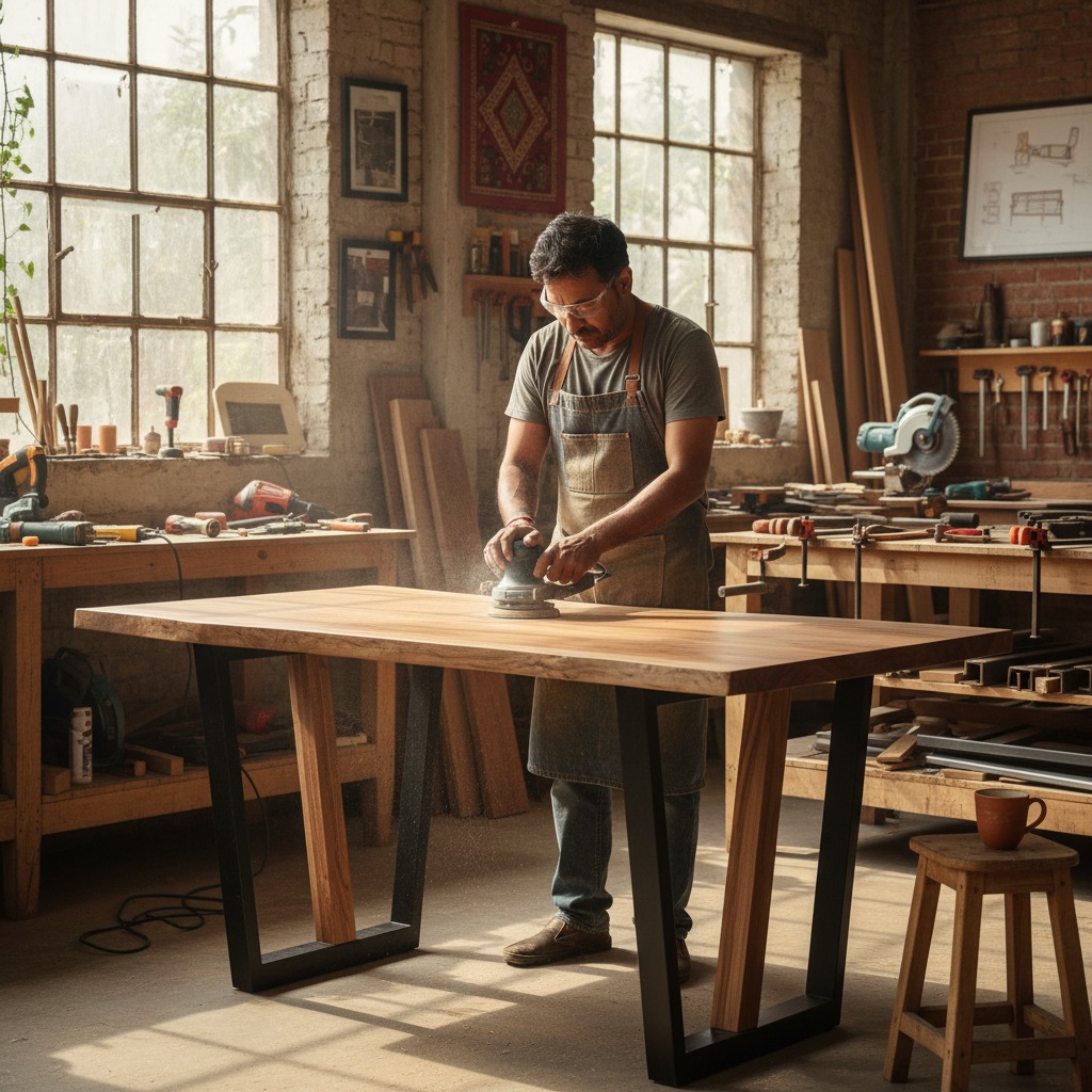 indian carpenter making modern dining table